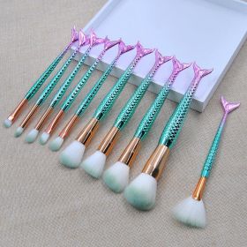 10Pcs Mermaid Makeup Brushes Fish Tail Eyebrow Face Lip Blending Green